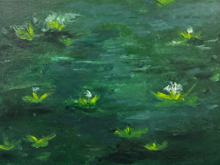 A painting of green lily pads and small white flowers on a pond with a textured brushstroke style.