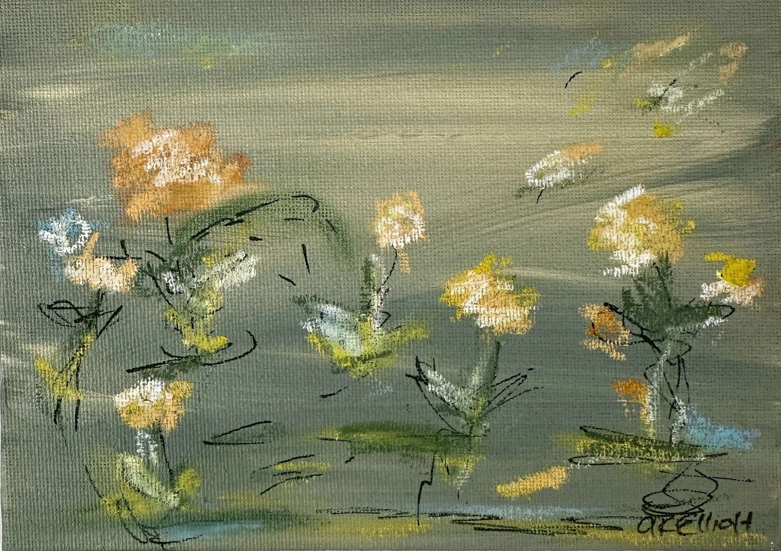 A painting of a field of yellow and white flowers with green stems and leaves, set against a muted green background with hints of blue and brown.