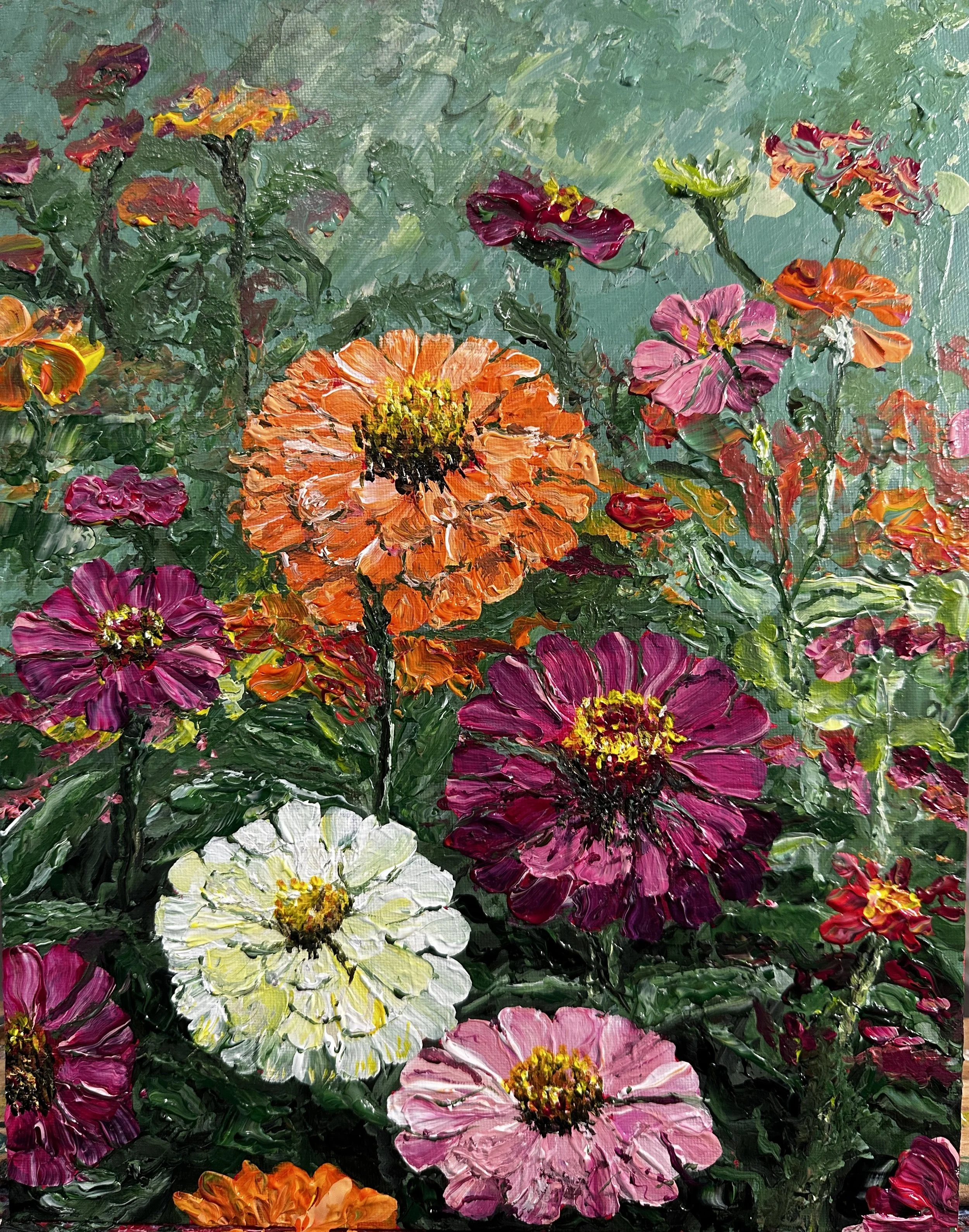 A vibrant, textured floral painting with large, colorful flowers including orange, pink, purple, yellow, and white blooms, with green foliage against a textured green background.