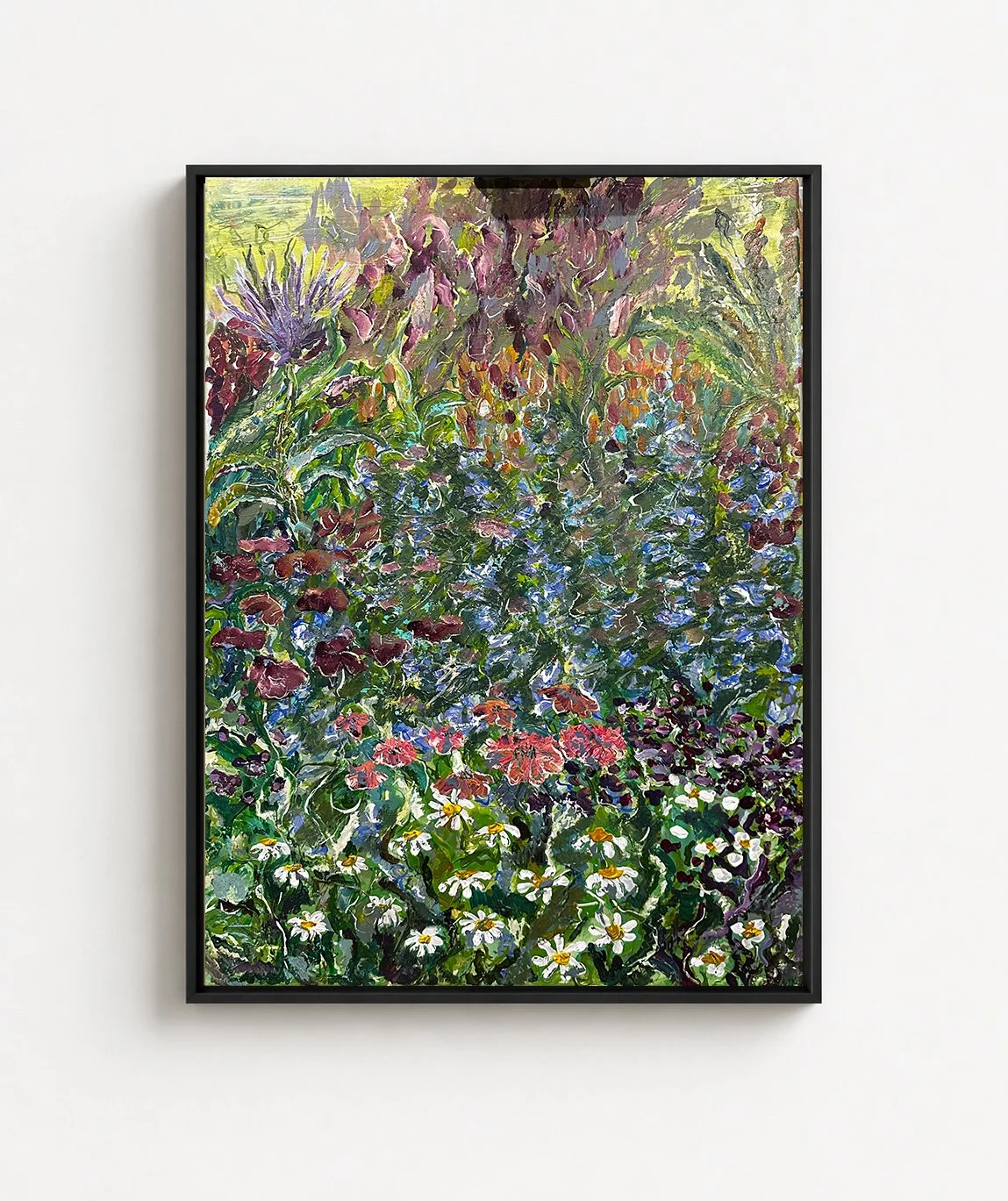 A colorful impressionist painting of a garden with various flowers in shades of purple, red, pink, blue, and white.