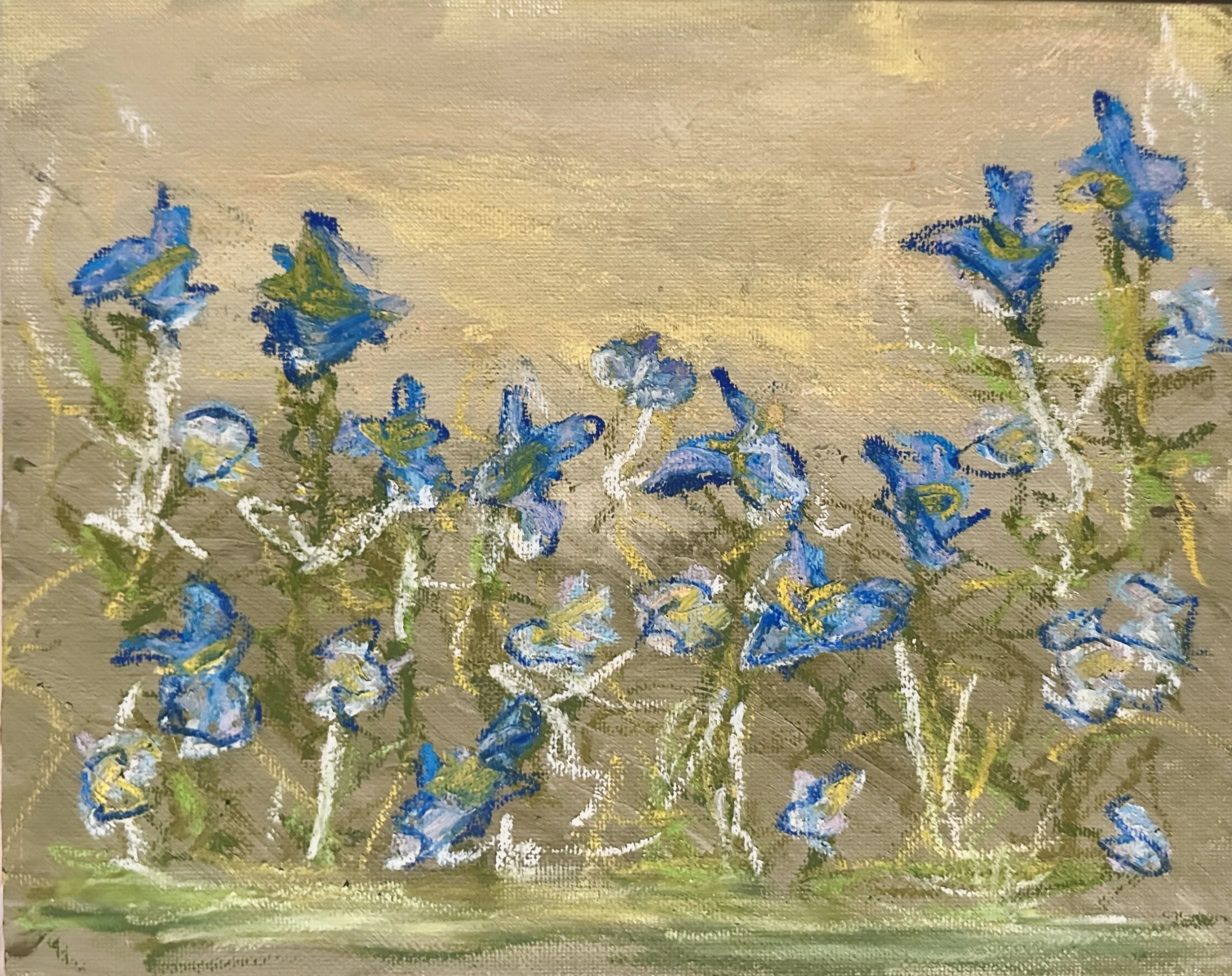 Close-up of an abstract painting with a background of beige and gold brushstrokes, featuring blue, white, and green impressionistic floral shapes and strokes.