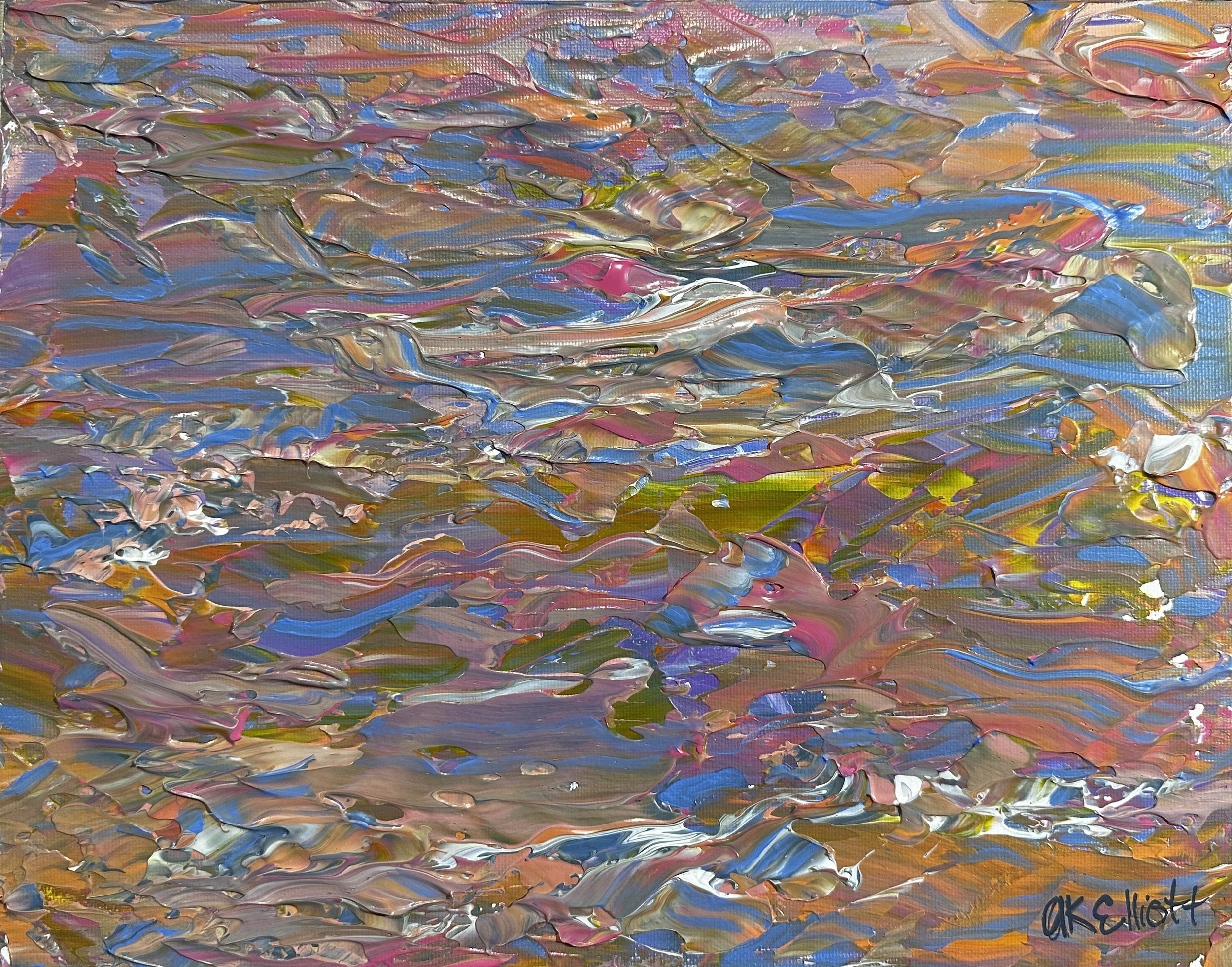 An abstract painting with thick, colorful brushstrokes in shades of pink, blue, green, yellow, orange, and white.