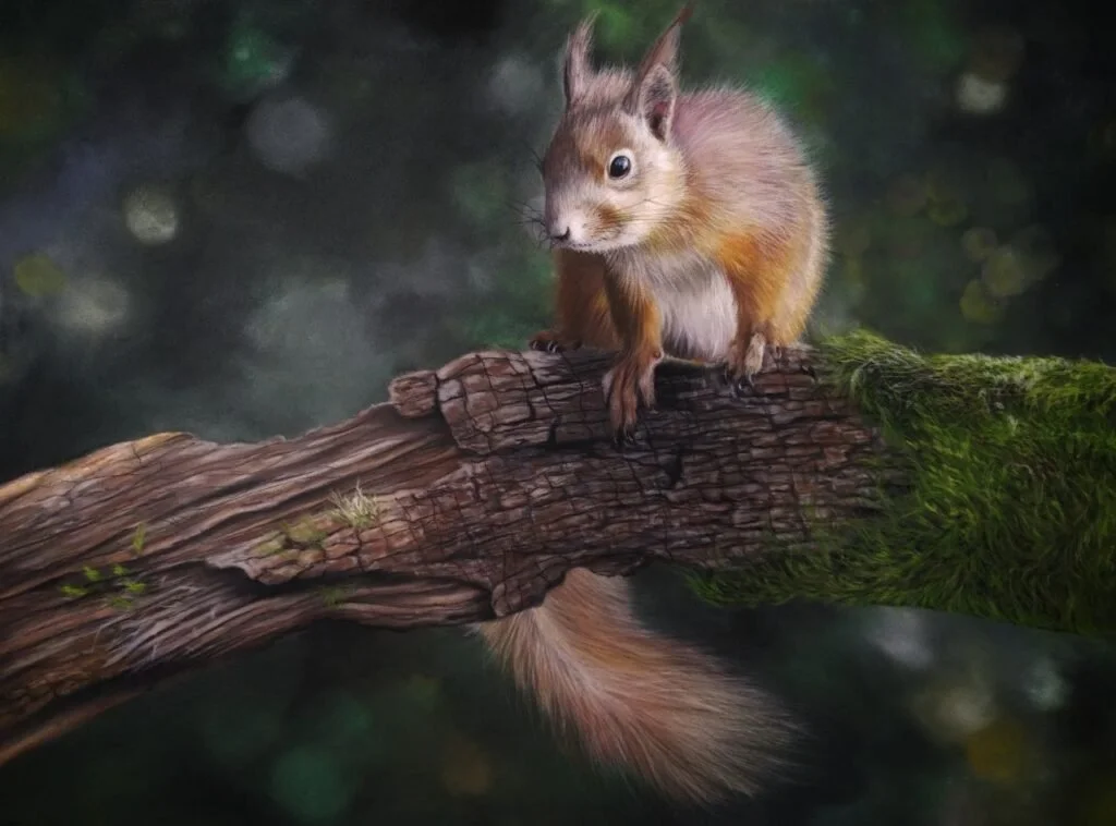 A squirrel with the body of a squirrel and the face of a rabbit sitting on a tree branch with moss in a blurry forest background.