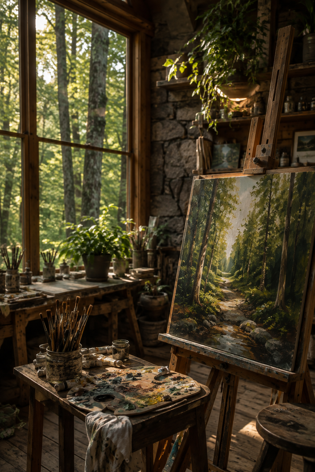 An artist's studio with a landscape painting of a forest on an easel, surrounded by art supplies, potted plants, and wooden shelves holding art jars and framed photos, with sunlight streaming through a large window overlooking trees.