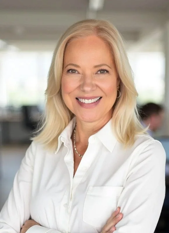 Gwen Martin, a smiling blonde woman in a white button-up shirt with crossed arms in an office setting.