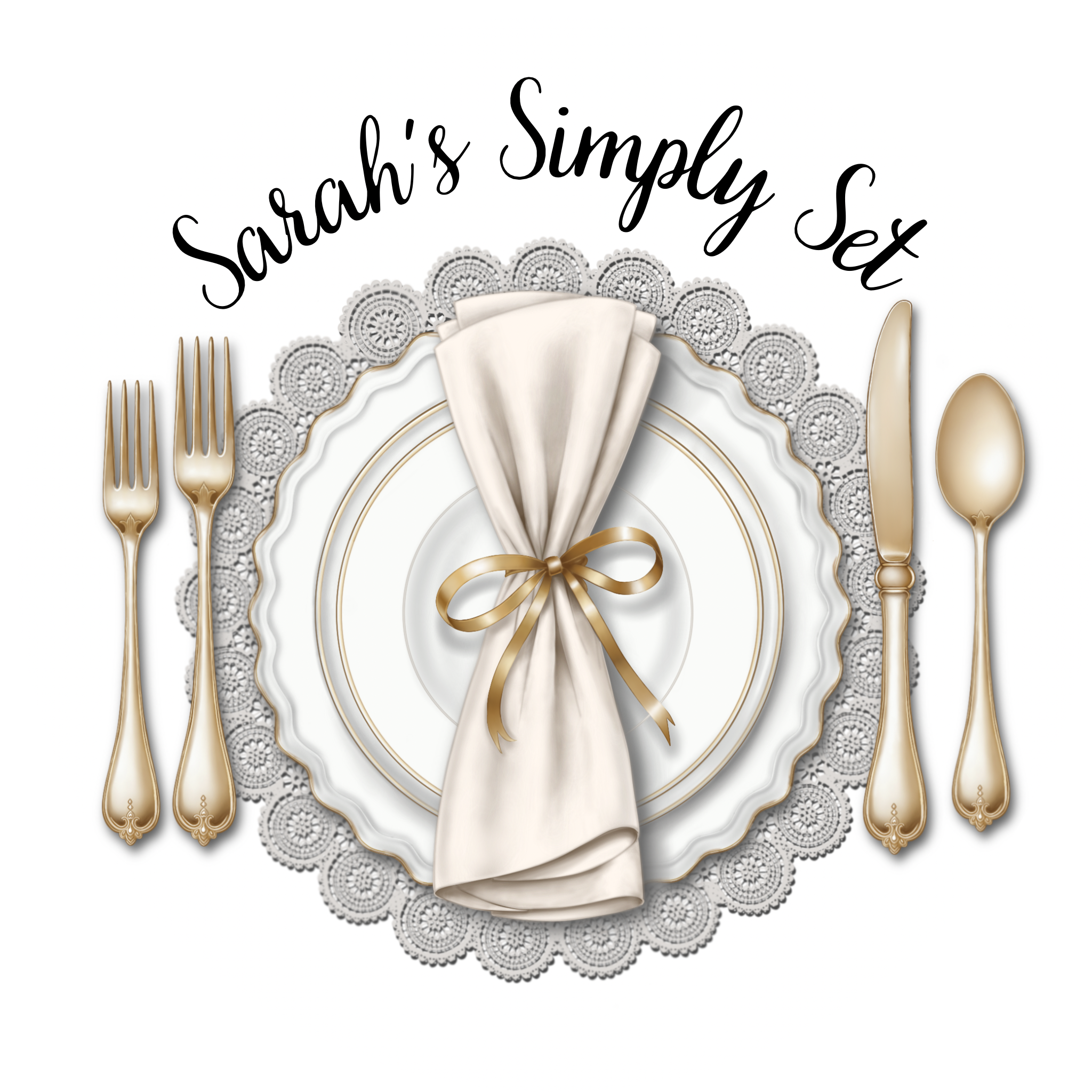 A collage with the phrase 'Sarah's Simply Sex' written in cursive black font. Below the phrase, there is a decorative doily and a white napkin tied with a gold ribbon. Gold cutlery, including forks and a knife, are arranged around the napkin and doily.