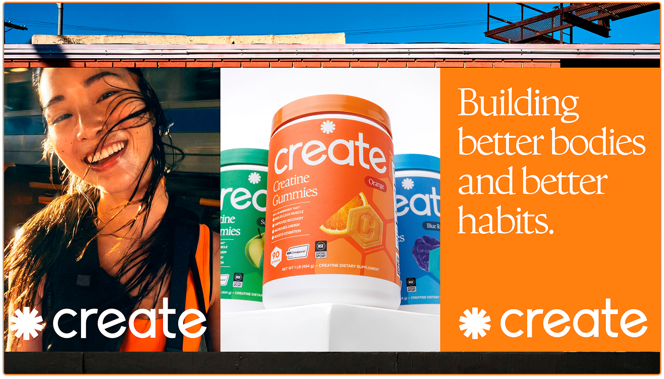 A woman smiling outdoors next to a display of creatine supplement containers, including orange, green, and blue flavors, with an orange section containing white text that says, 'Building better bodies and better habits.'
