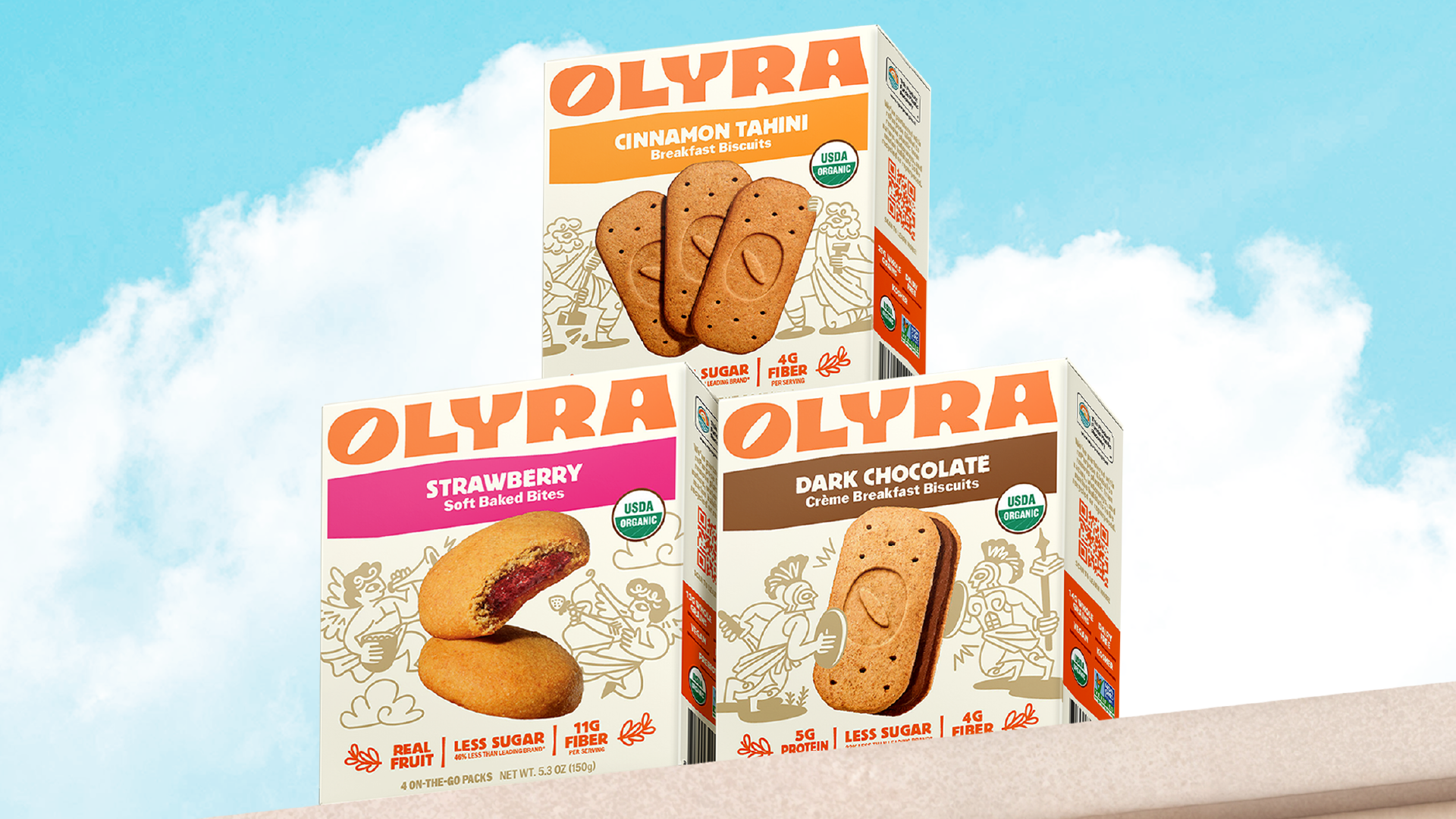 Boxes of Olyra breakfast biscuits in different flavors: Cinnamon Tahini, Strawberry, and Dark Chocolate, displayed against a blue sky with clouds background.