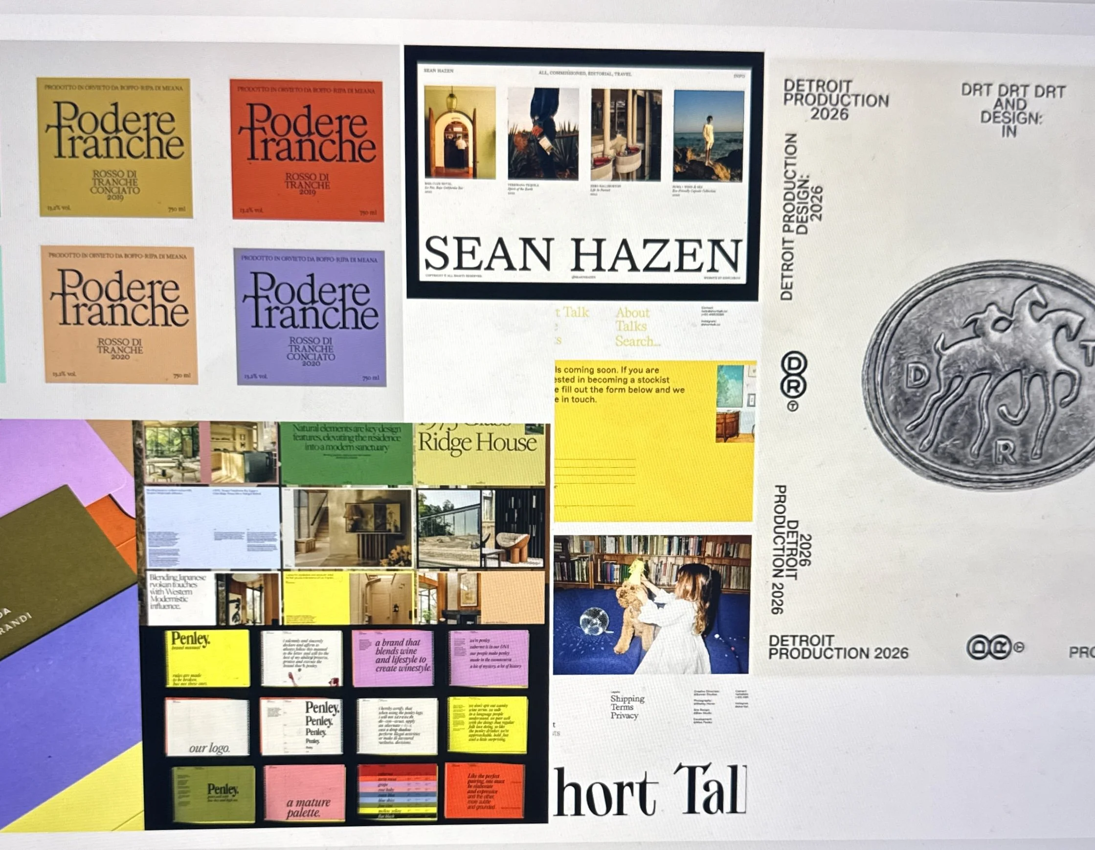 A collage of various magazine covers, including titles such as 'Podere Tranches,' 'Sean Hazen,' and images of interior designs, books, and graphic design elements, with a large coin image on the right side.