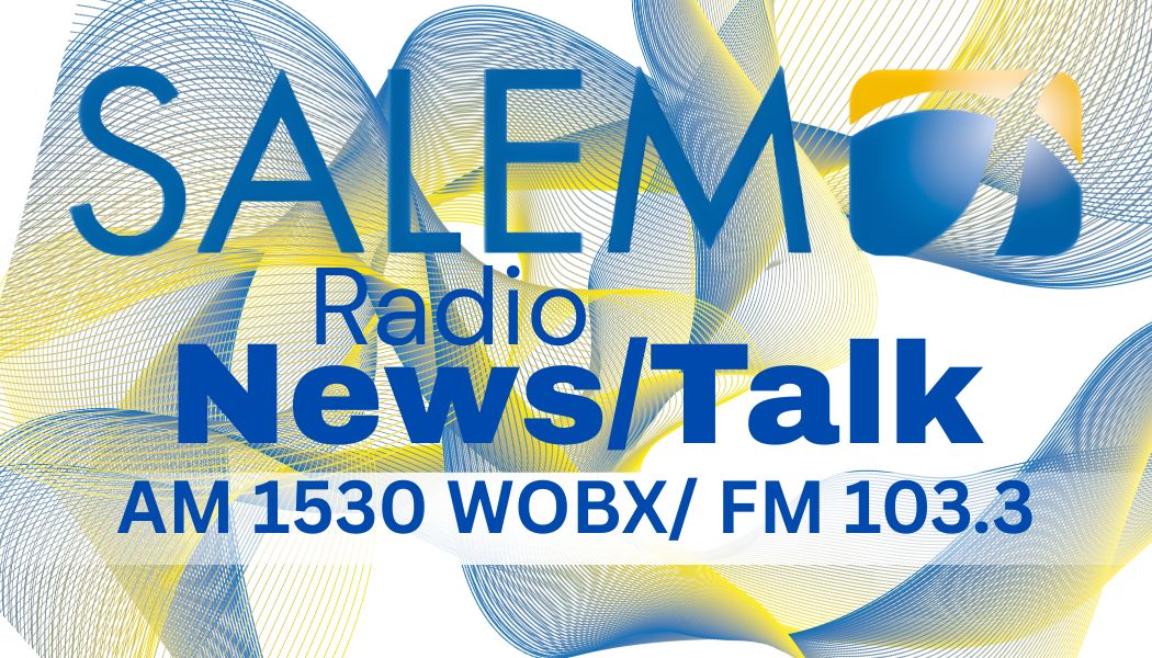 Graphic promoting Salem radio stations, featuring abstract blue and yellow waves, with text about Salem Radio News/Talk, AM 1530 WORX, FM 103.3.