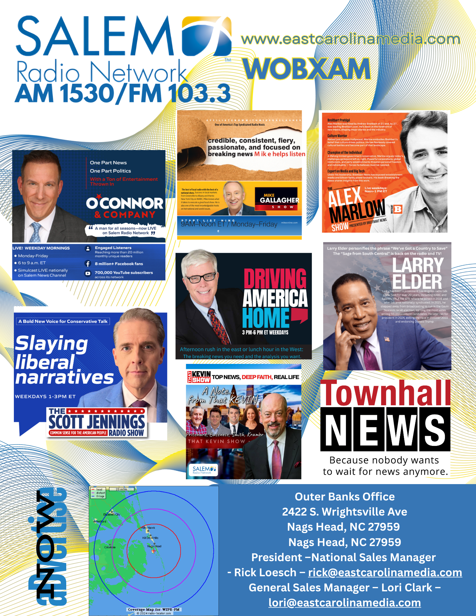 A collage of various radio station advertisements and news headlines from Salem Radio Network, including channels AM 1530/FM 103.3, and shows hosted by Mike Gallagher, Alex Marlow, Kevin Show, and others. It also features weather maps, contact information, and promotional text.
