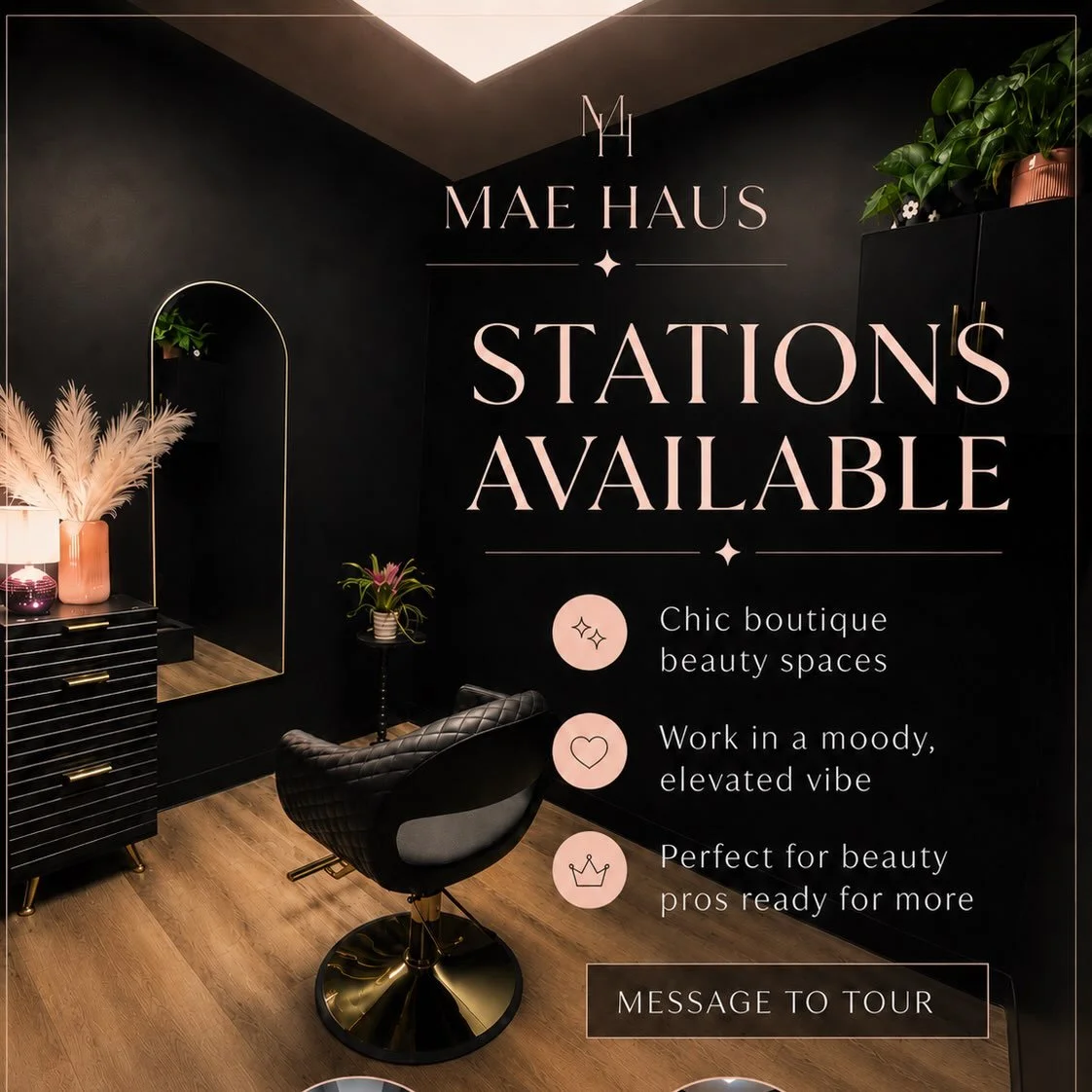 Mae Haus is growing ✨

We&rsquo;re currently welcoming independent beauty professionals looking for a beautiful, elevated space to grow their business in Clarksville.

Private suites and salon stations are available, including select suites with sink