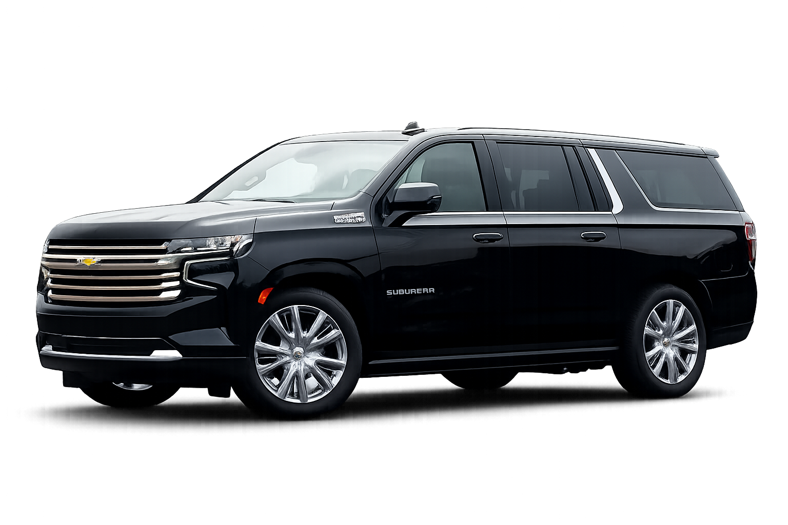 Black Chevrolet Suburban SUV viewed from the front left side, parked on a black background.