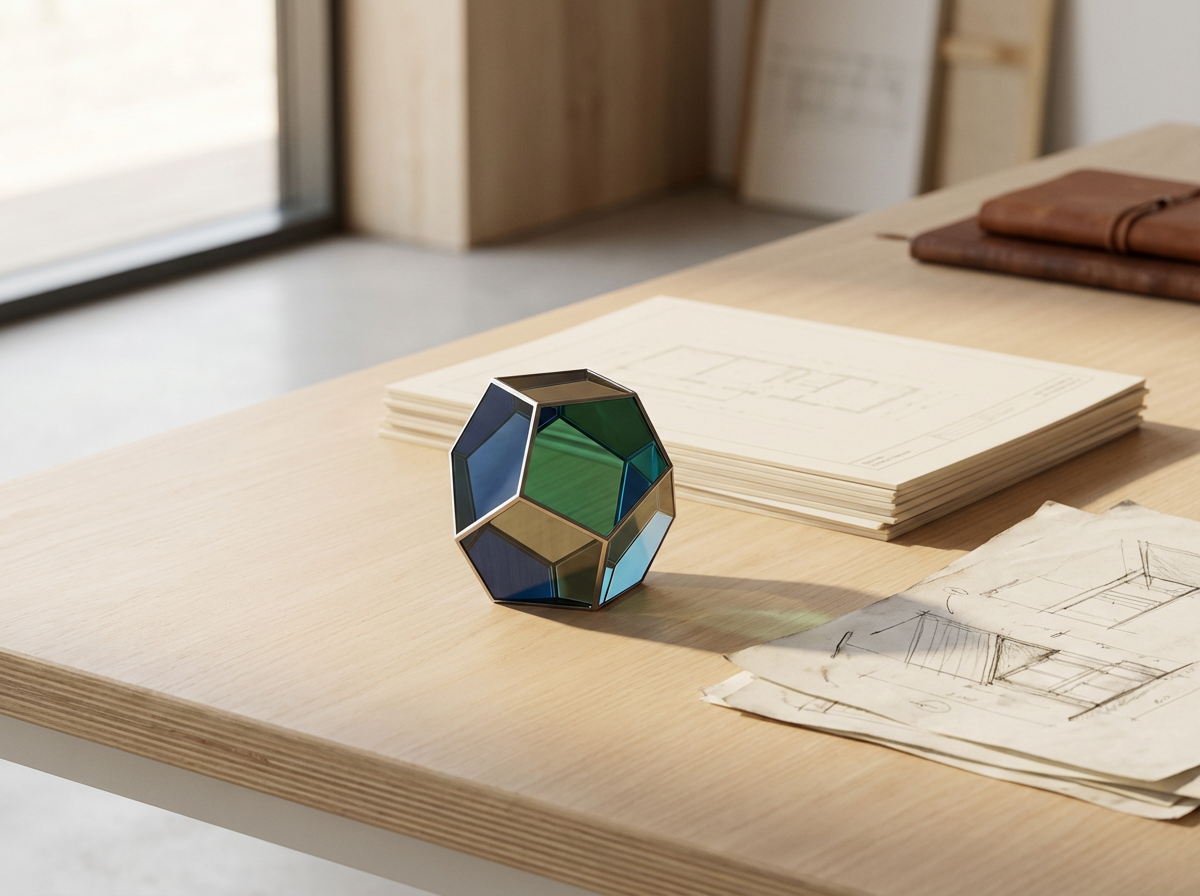 A geometric glass terrarium on a light wooden table with architectural drawings and folded papers nearby, in a well-lit room.