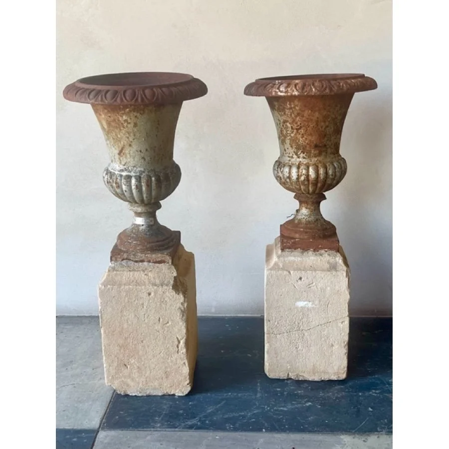 IRON URN WITH STONE BASE