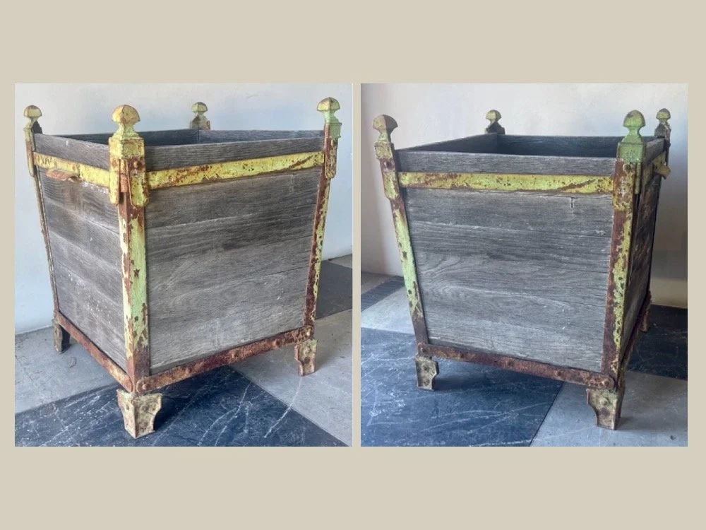 Pair of Iron and Oak Antique French Planters