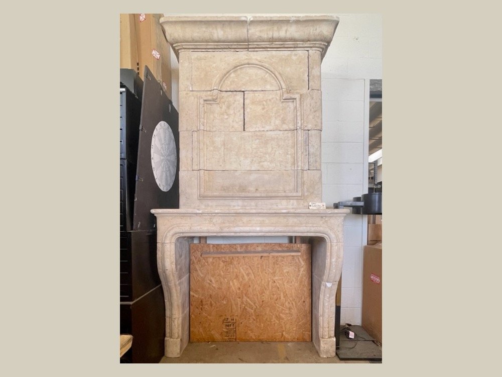 Re-Edition French Limestone Fireplace with Decorative Trumeau in the style of Louis XIV