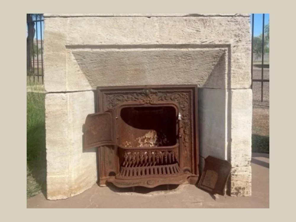 French Directoire Style Corner Fireplace in Patinated Stone with Cast Iron Insert