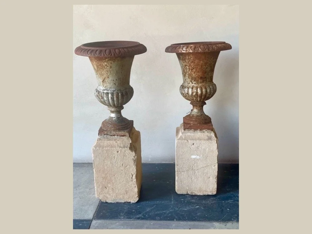 Pair of antique Iron Urns on Stone Base (small)