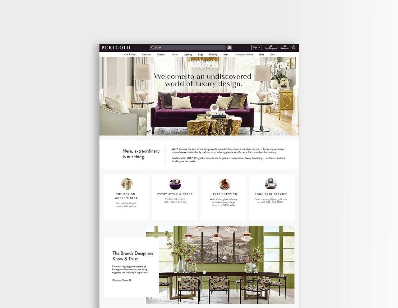 Screenshot of a furniture website homepage with a luxurious living room scene at the top and a dining room at the bottom.