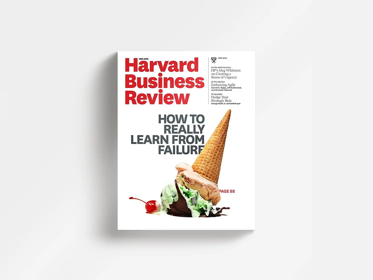 Cover of Harvard Business Review magazine with a headline "How to Really Learn from Failure" and an ice cream cone with multiple flavors and a cherry on top.