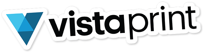 Vistaprint logo with blue triangular icon and company name in black and white lettering on a dark background.