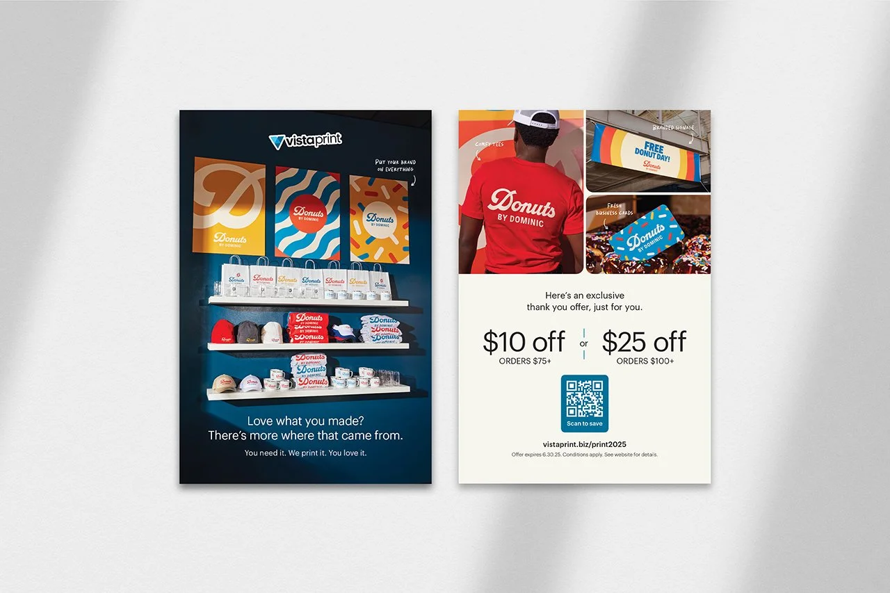 A two-part promotional display for Donuts by Dominic featuring branded merchandise, colorful artwork, and a discount offer with a QR code.