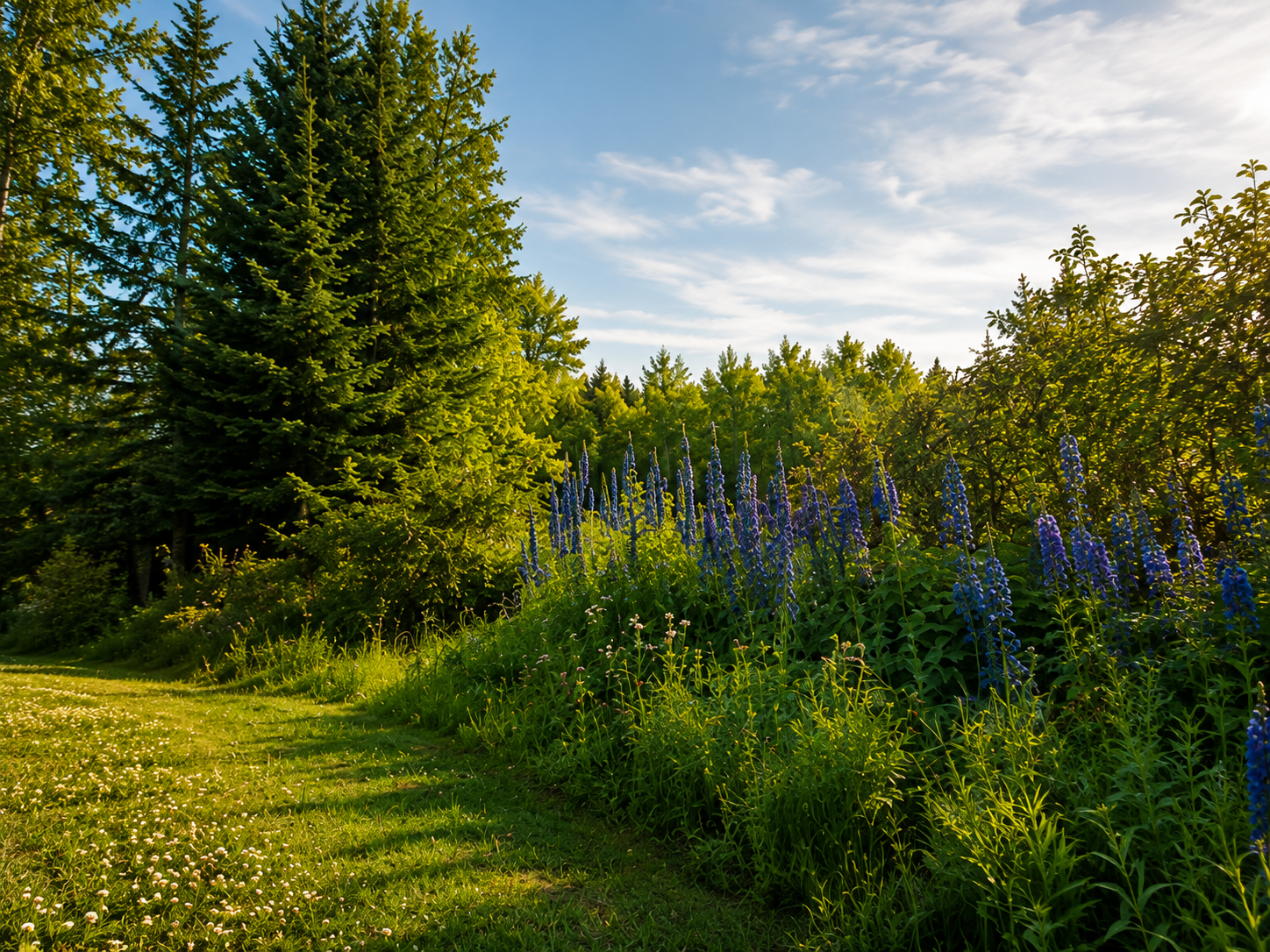 A lush green landscape with tall pine trees, purple flowers, and a grassy pathway under a partly cloudy sky.