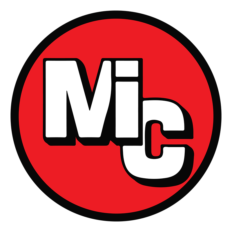 A circular logo with a red background and bold white letters 'MiC' outlined in black.