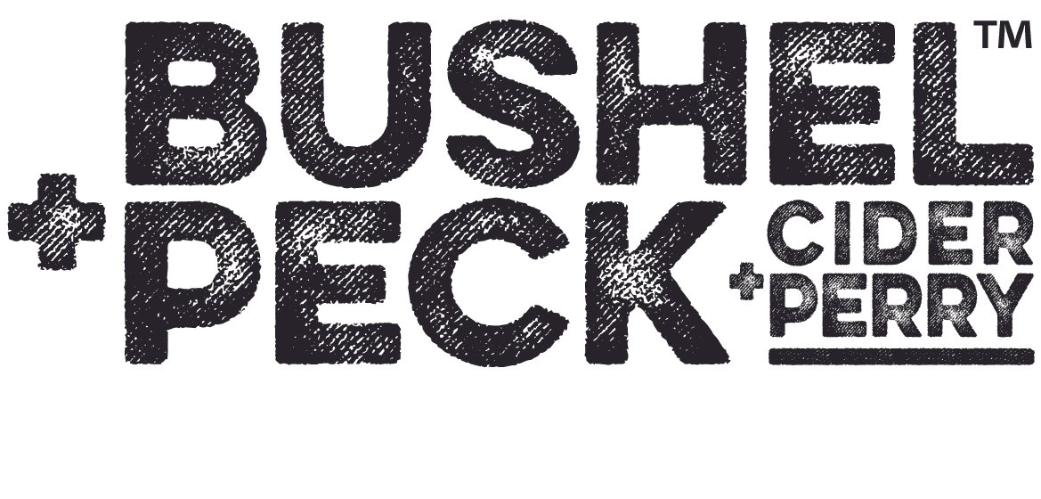 Logo featuring the words 'Bushel + Peck' and 'Cider + Perry' in a textured, bold font with plus signs between words.
