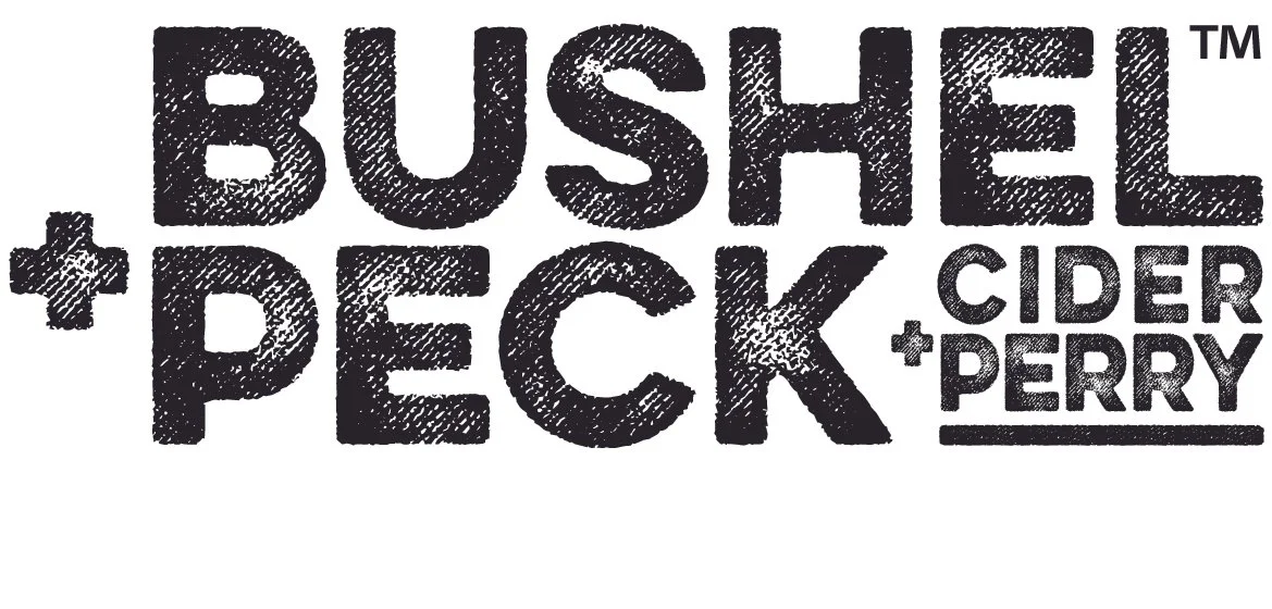 Logo with the words "Bushel + Peck" and smaller text "Cider + Perry" to the right.