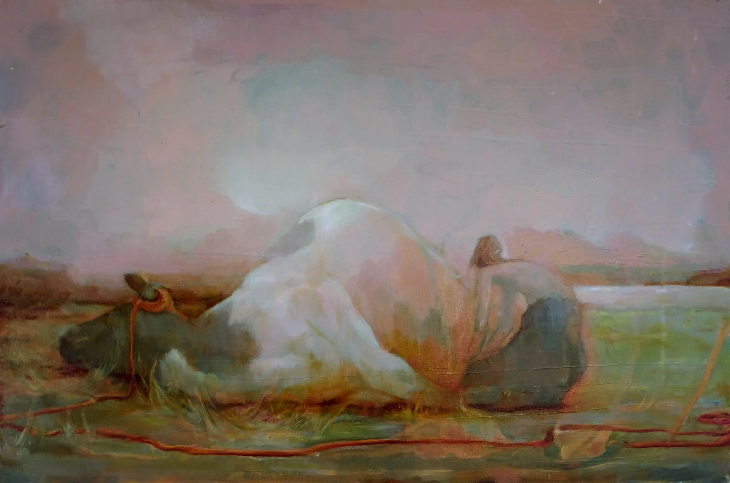 &ldquo;Origin&rdquo; 
20&rdquo;x30&rdquo;
Oil on canvas 
 
This was the first painting I made for my show Prima Materia. Some people see a cow dying, some see it giving birth, and some don&rsquo;t see the girl at all initially and think she is part o