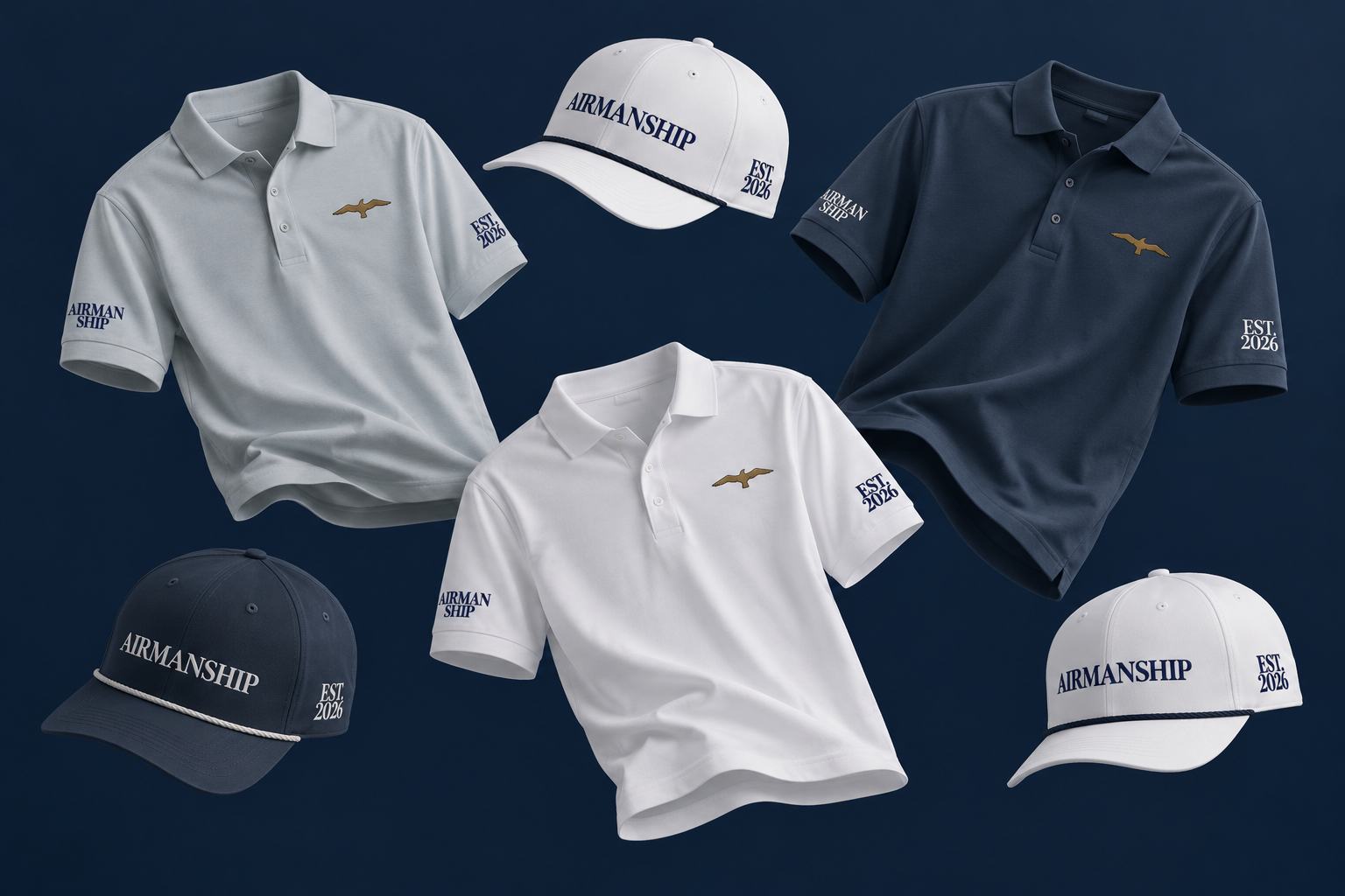 Collection of navy and white branded polo shirts and caps with text "AIRMANSHP" and "EST. 2026" on caps, and logos of a flying bird on shirts, set against a dark background.