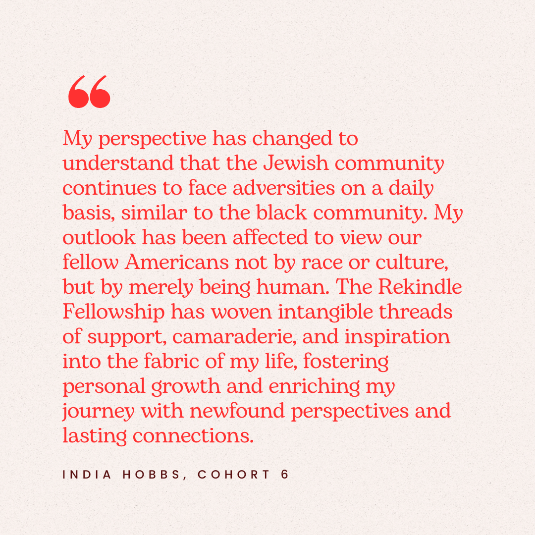 Quote about how the writer's perspective has changed to view fellow Americans as human beings, emphasizing support, camaraderie, and personal growth through the Rekindle Fellowship.