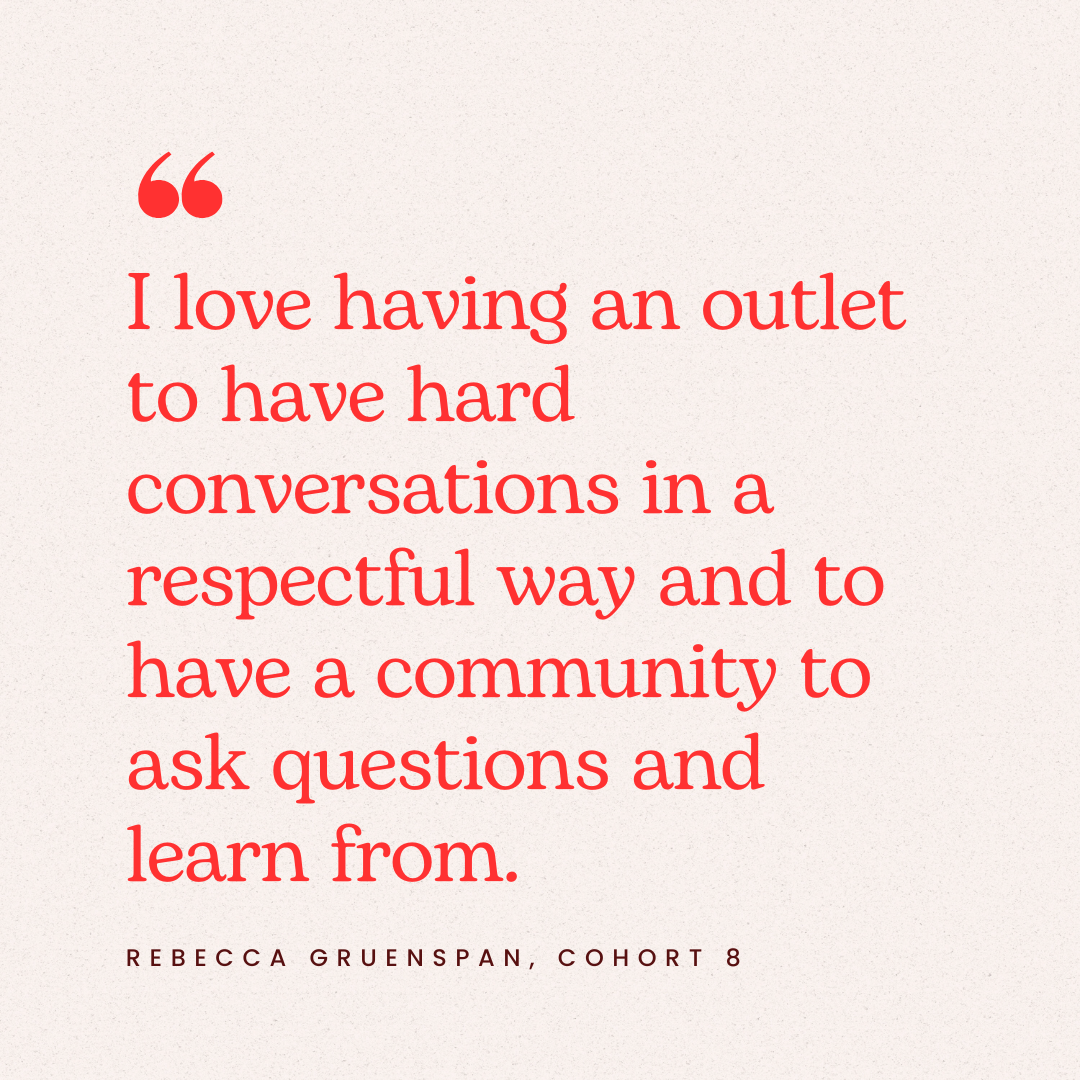 Inspirational quote about community and conversations in red text on a light background