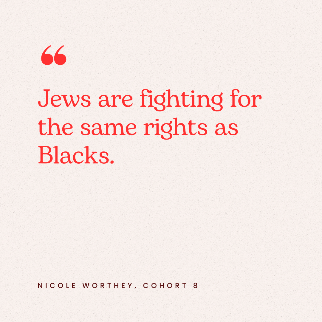 A quote in red text on a light background that says, 'Jews are fighting for the same rights as Blacks.' attributed to Nicole Worthey, Cohort 8.