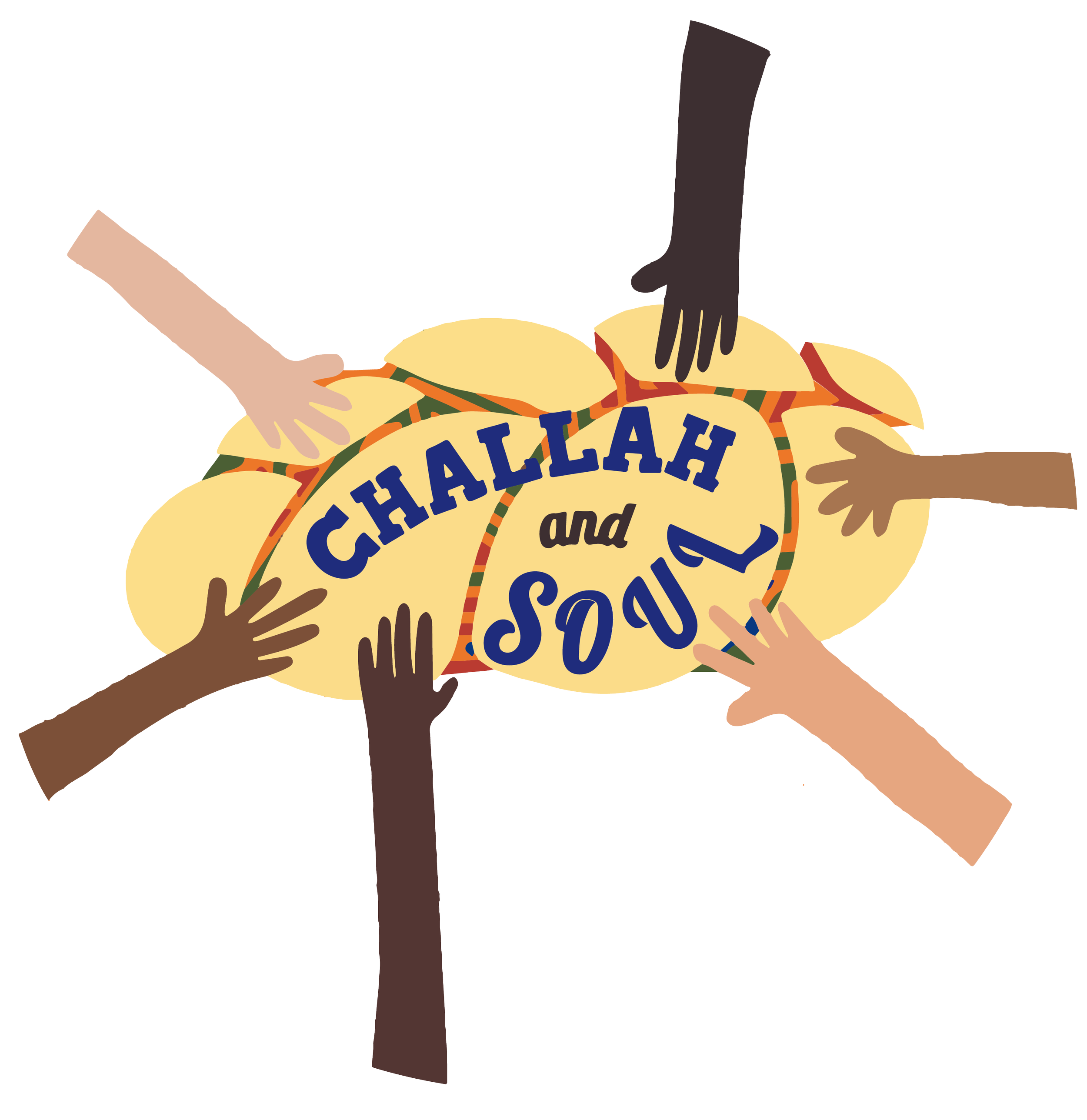 Multiple hands reaching towards a large taco with 'Challah' written on it, suggesting a celebration or community event.