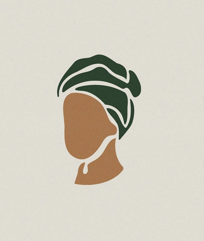 Minimalist illustration of a woman's face with her hair wrapped in a green towel, no facial features, with a plain light background.