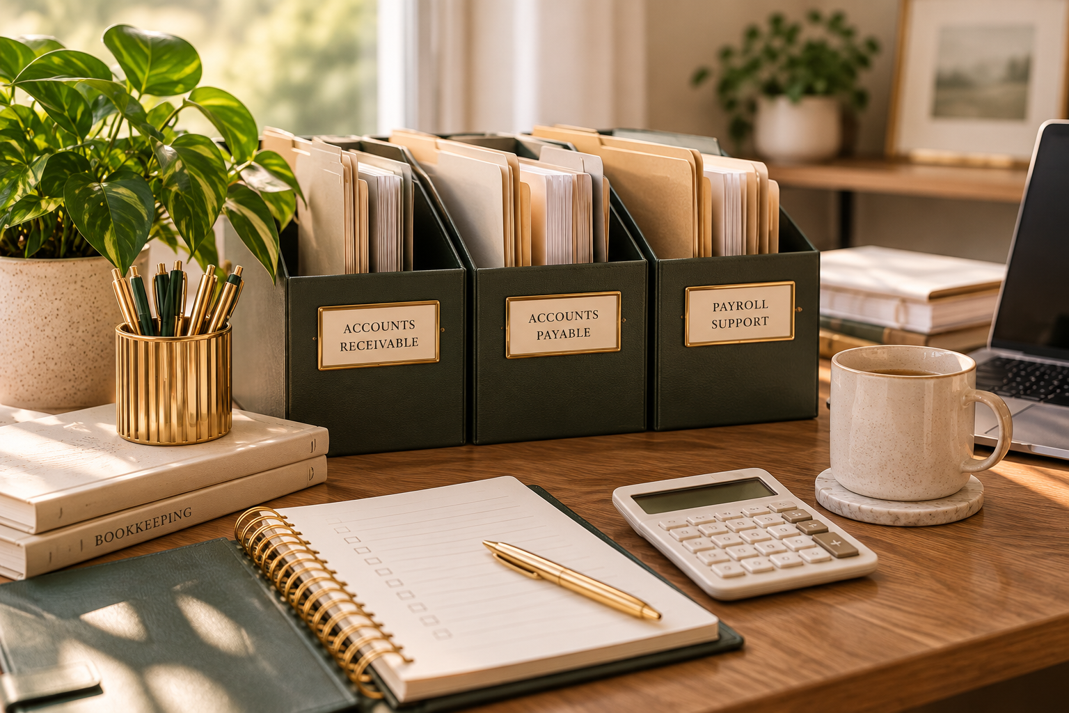 Organized workspace with accounts receivable, accounts payable, and payroll support files