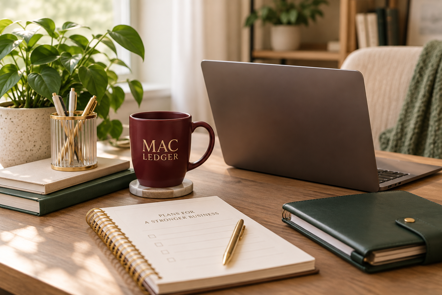 Professional bookkeeping workspace with laptop, planner, and MAC Ledger coffee mug