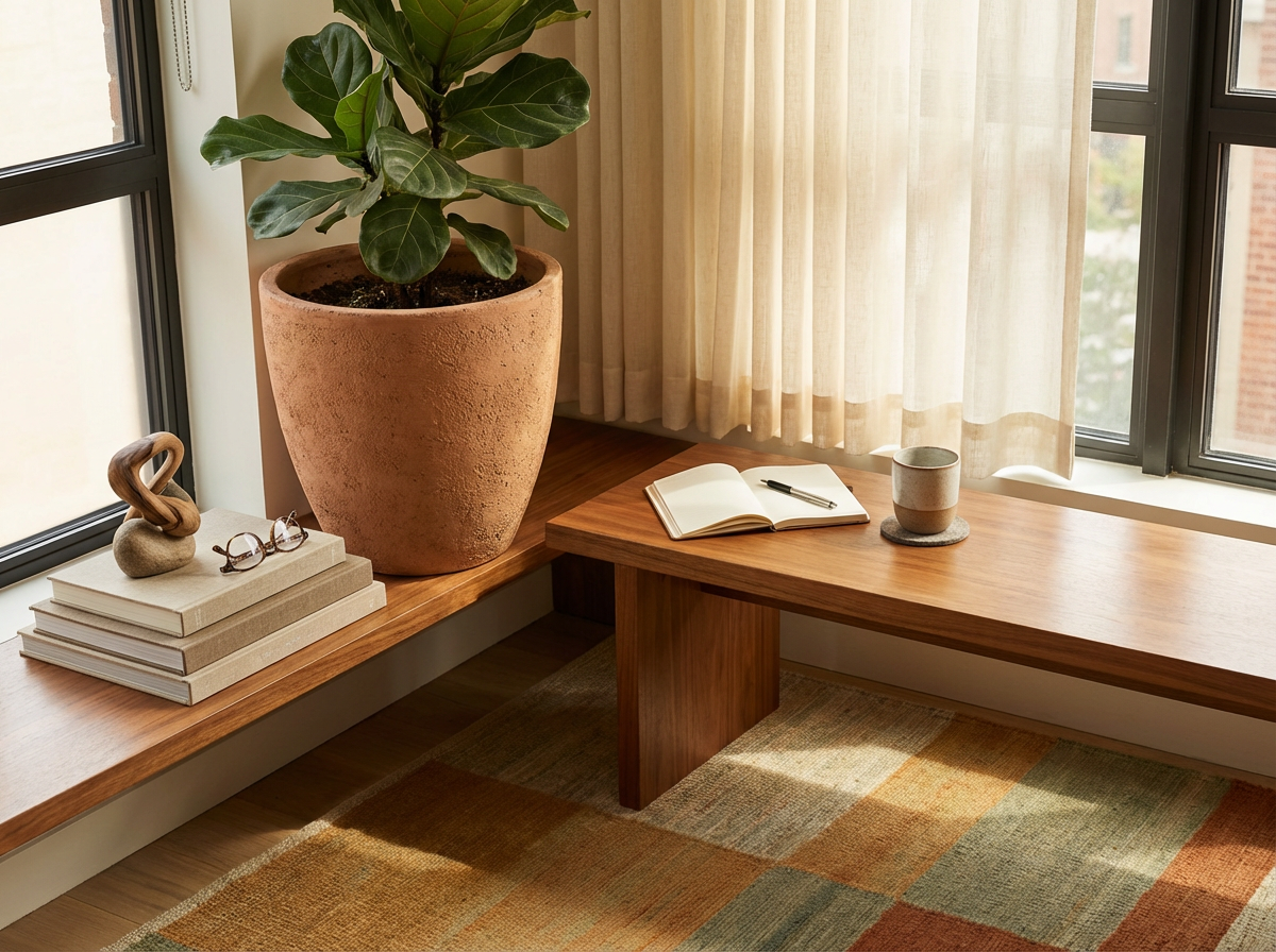 A cozy corner of a room with a wooden window seat, a large potted plant, a small stack of books with decorative objects, an open notebook with a pen, a ceramic cup on a coaster, cream-colored curtains, and a patterned rug.