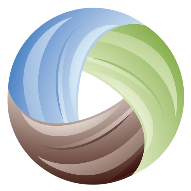 A 3D abstract circular logo with segments in blue, green, and brown colors.