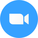 Video call icon with white camera symbol on a blue circular background.