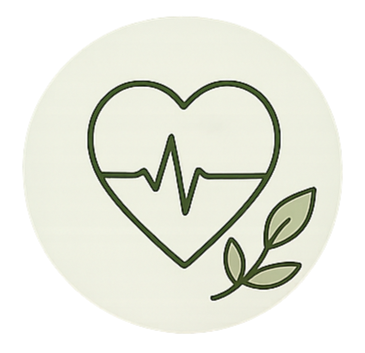 A green line drawing of a heart with an electrocardiogram line inside, accompanied by two leaves.