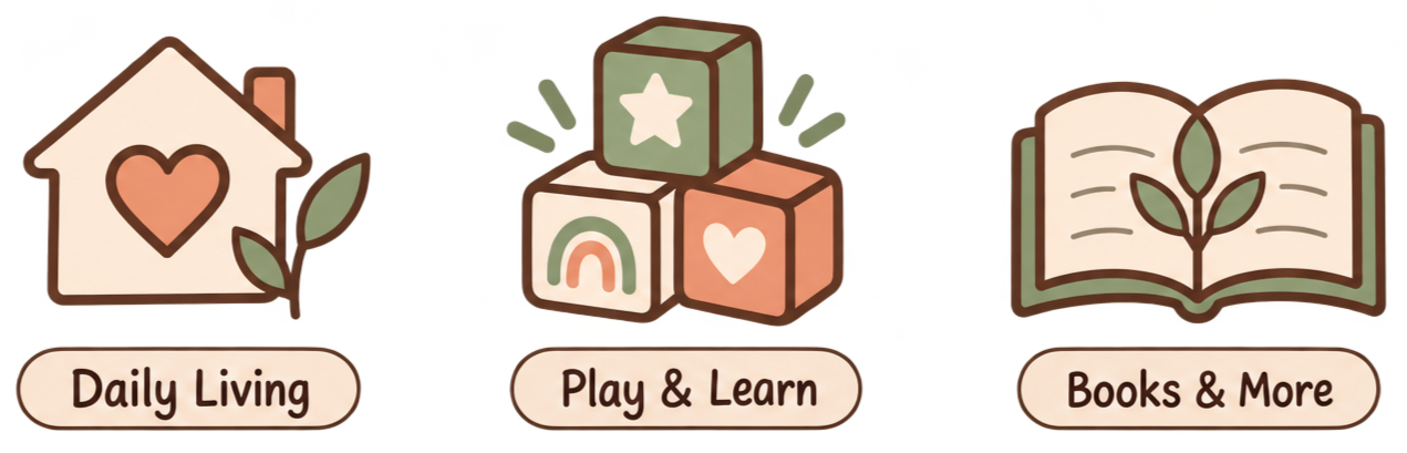 Decorative icons representing daily living, play and learn, and books and more, with buttons labeled accordingly.