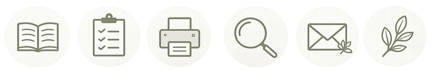 Icons representing a book, a clipboard with checks, a printer, a magnifying glass, an envelope with a leaf, and a plant branch.
