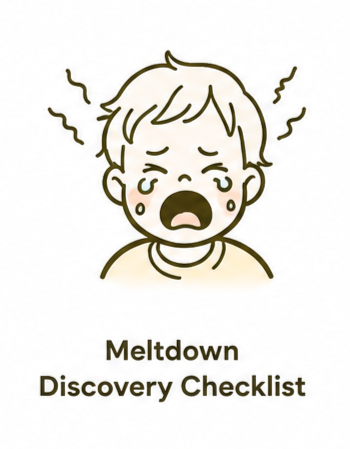 A cartoon illustration of a person crying with tears and wavy lines indicating distress, above the text "Meltdown Discovery Checklist."