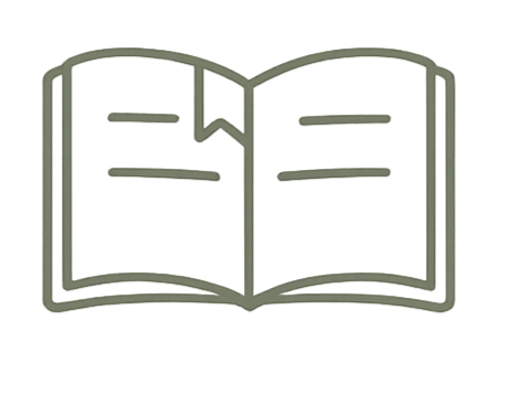 Outline drawing of an open book with lines representing text.