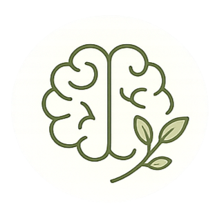 Illustration of a human brain with a small plant sprout growing from the right side.