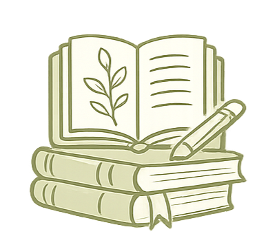 An open book with a sprout illustration on the left page, resting on top of three closed books and a pencil.